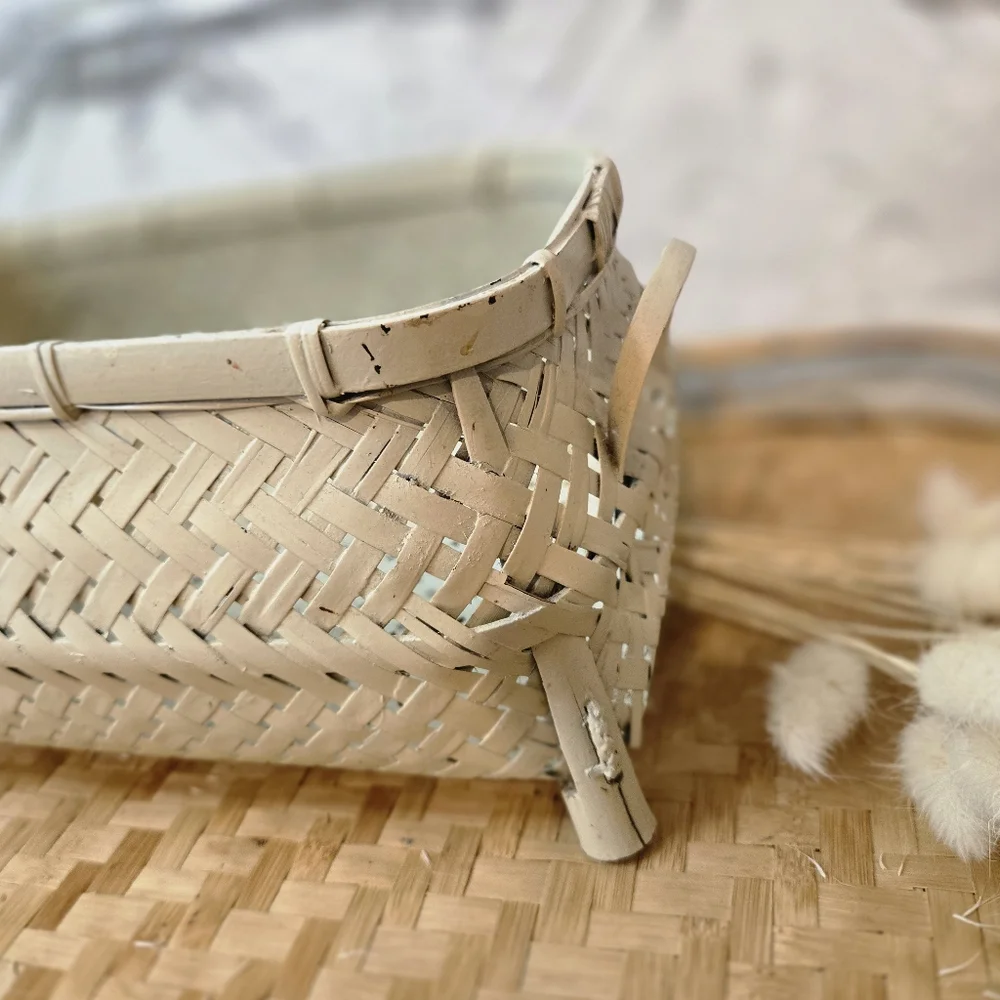 Vintage 1980's Bamboo Oval Rectangular Storing Decor Basket Cottage Coastal